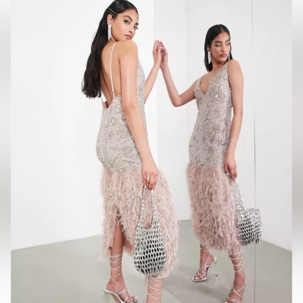 ASOS EDITION crystal floral embellished cami midi dress with feather hem blush